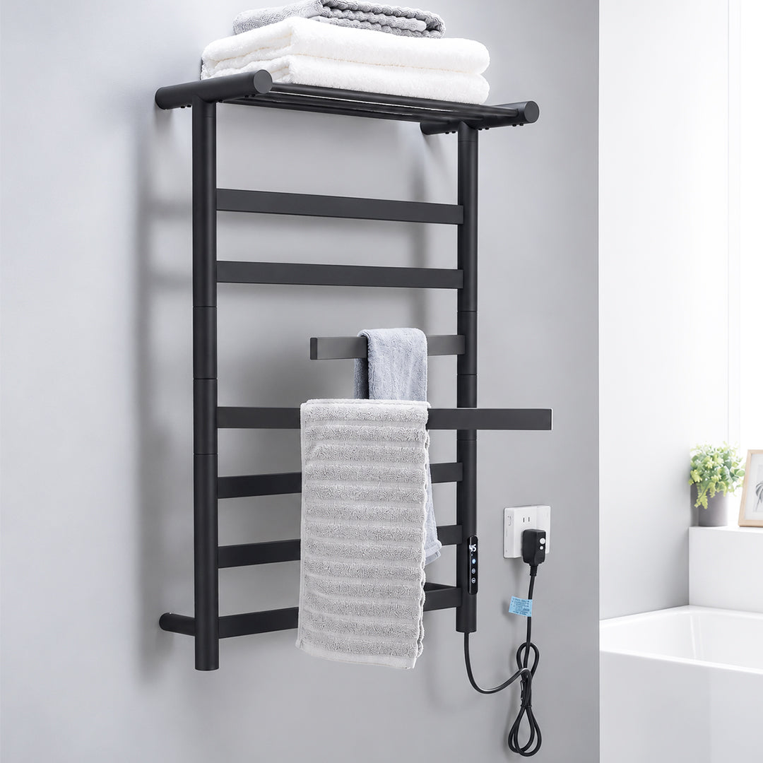 Electric Heated Towel Rack with Top Shelf & Rotating Bars – Plug-In Towel Warmer