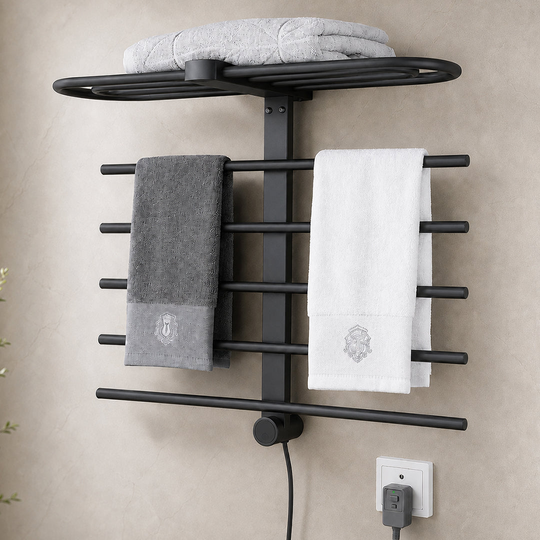 Wall-Mounted Heated Towel Rack with Storage Shelf & Digital Control