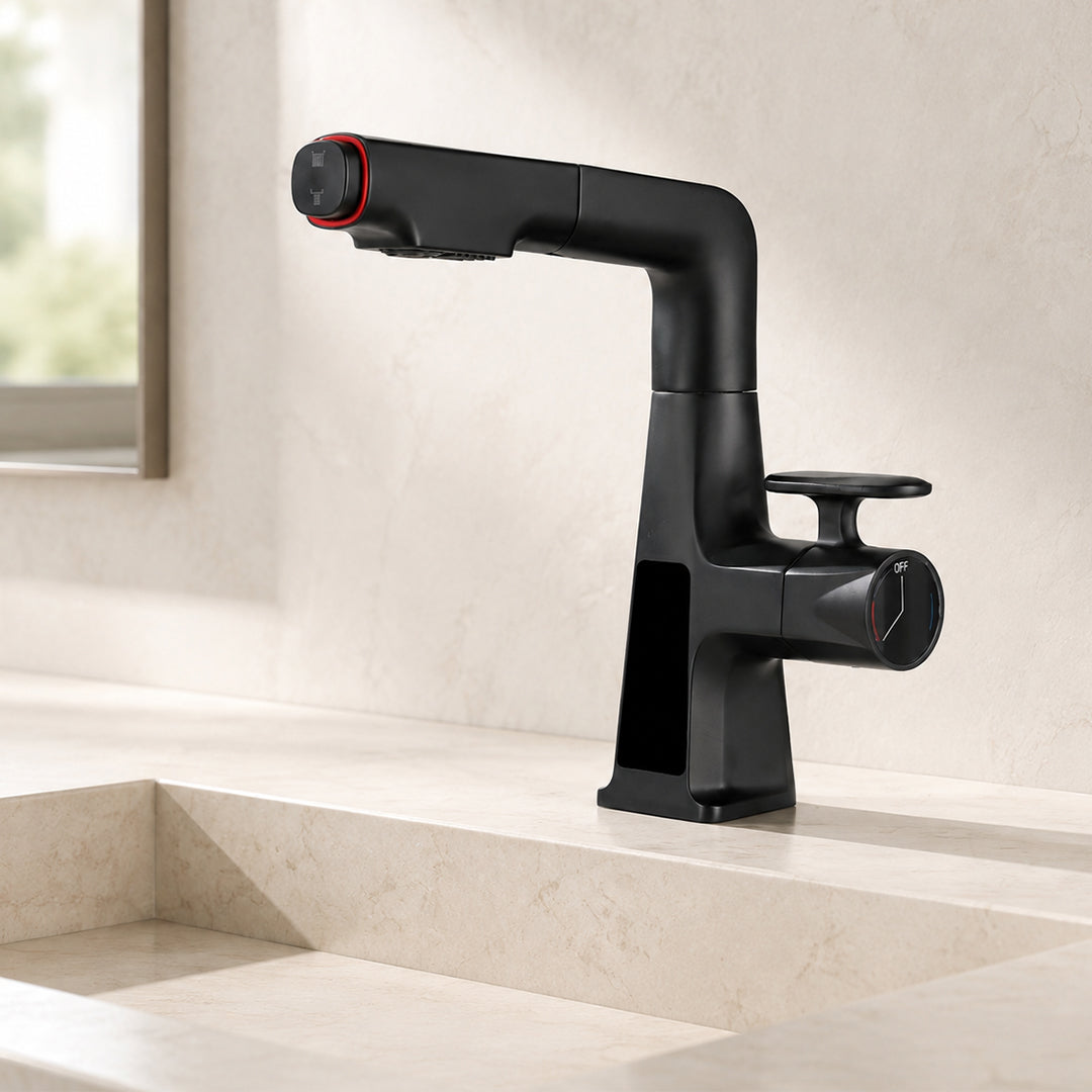 Digital Display Pull-Out Bathroom Sink Faucet with Dual Spray Modes