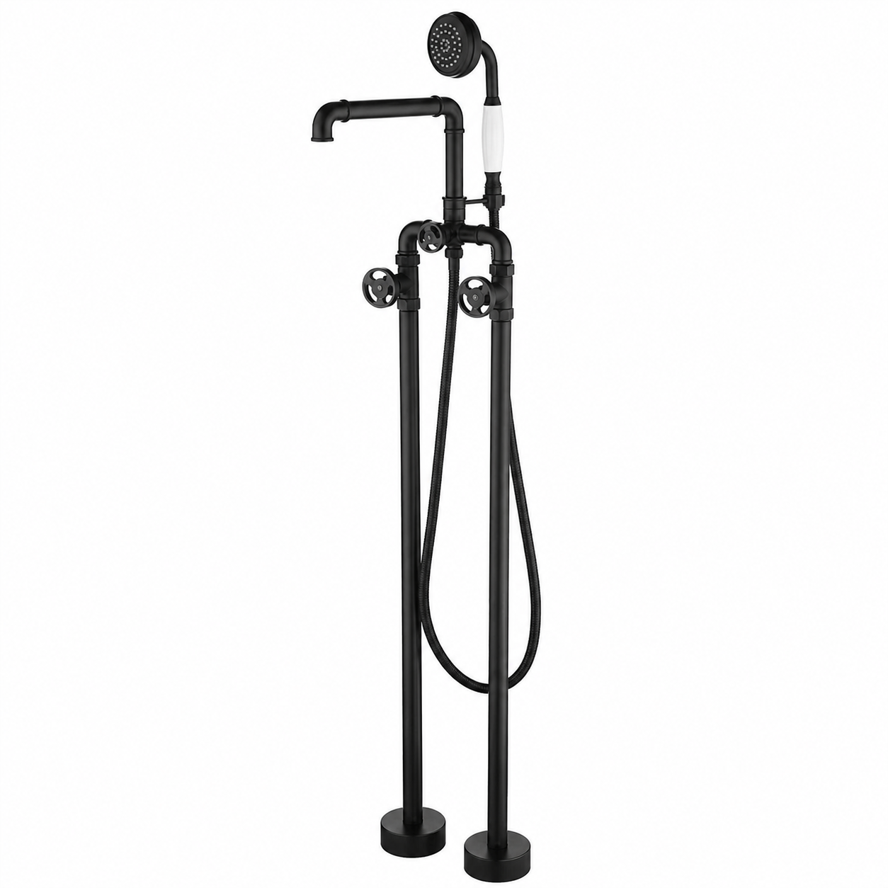 Double Handle Matte Black Freestanding Bathtub Faucet with Hand Shower