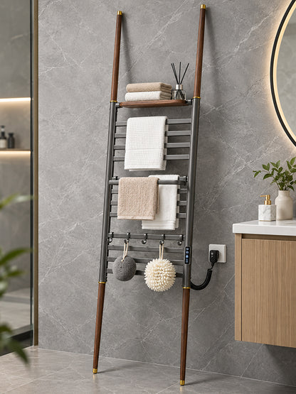 Walnut Wood Ladder Heated Towel Rack with Shelf & Hooks