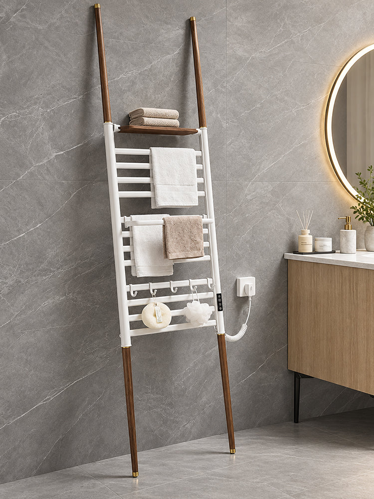 Walnut Wood Ladder Heated Towel Rack with Shelf & Hooks