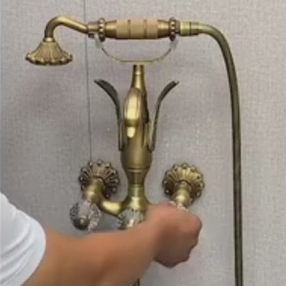Gold Wall Mount Bathtub Faucet with Handheld Shower, Vintage Brass Tub Filler Mixer with Crystal Knobs